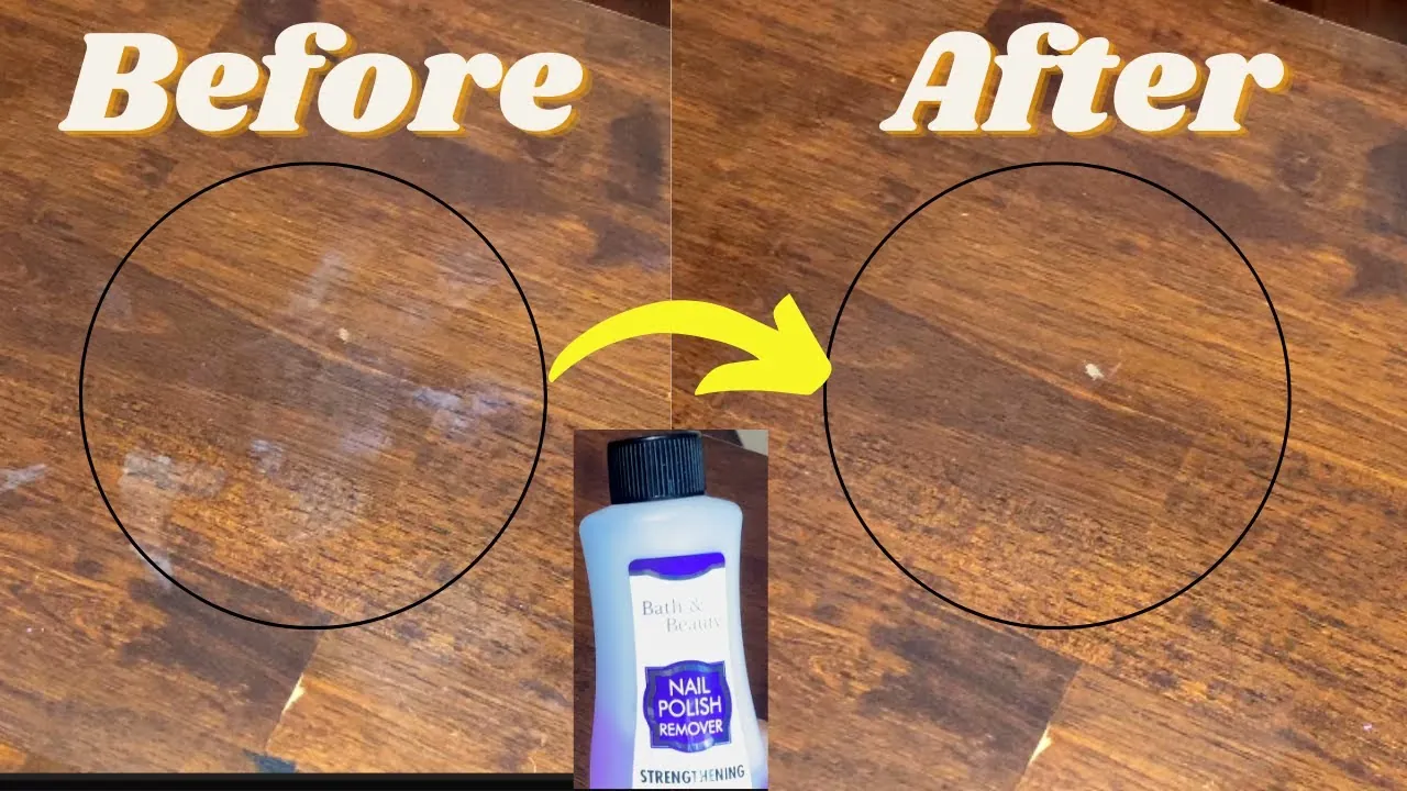 Acetone dissolving and damaging the varnish finish on a wooden surface.