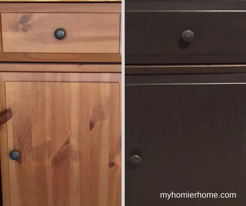 Applying a rich gel stain to a laminate surface for a furniture transformation.