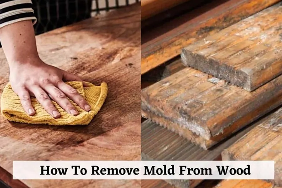 Applying a vinegar solution to wood furniture while wearing protective gloves and mask.