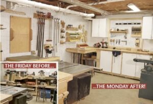 A clean and highly organized woodworking shop with designated zones for efficient tool storage.