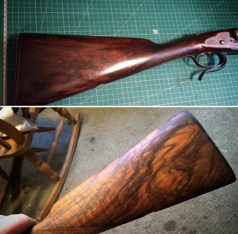 A clean, well-oiled wooden gun stock with maintenance tools nearby.