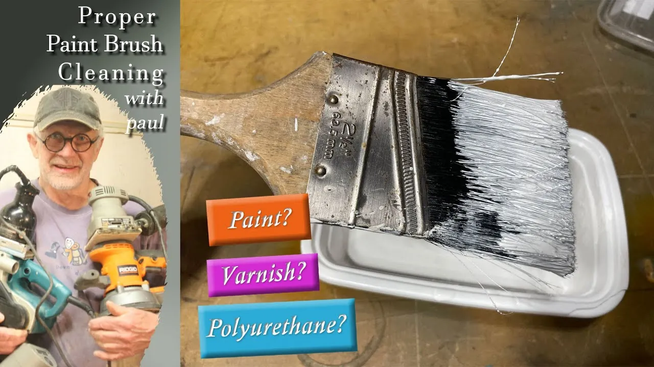 Cleaning supplies for a polyurethane brush arranged safely on a well-ventilated workbench.
