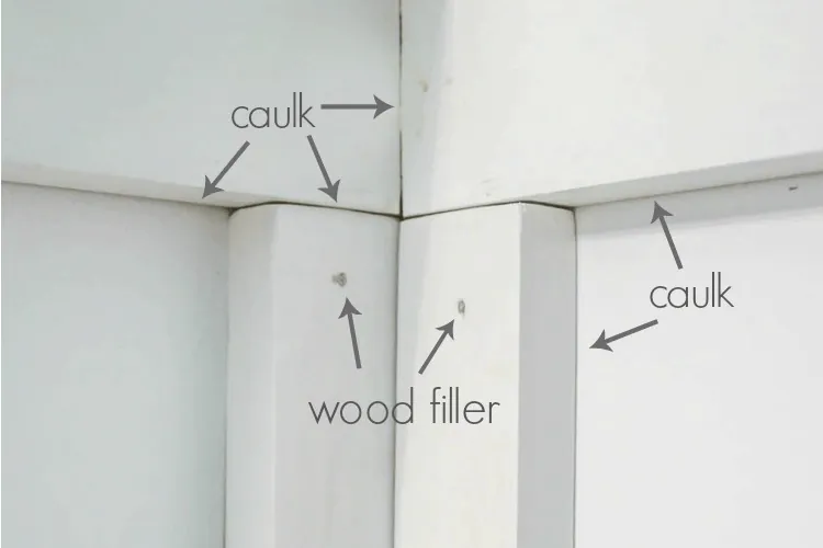 Comparing the texture of wood filler versus flexible caulk on wood.