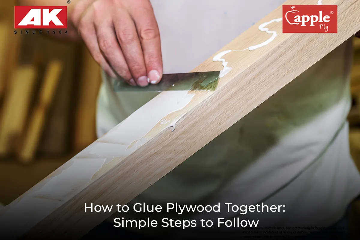 A craftsman applies glue to a sanded plywood surface using a notched spreader.