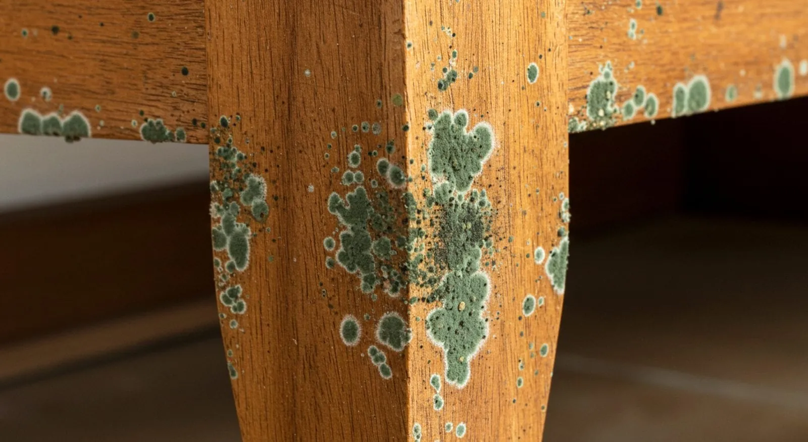 Essential cleaning supplies for removing mold from wood furniture arranged on a workbench.