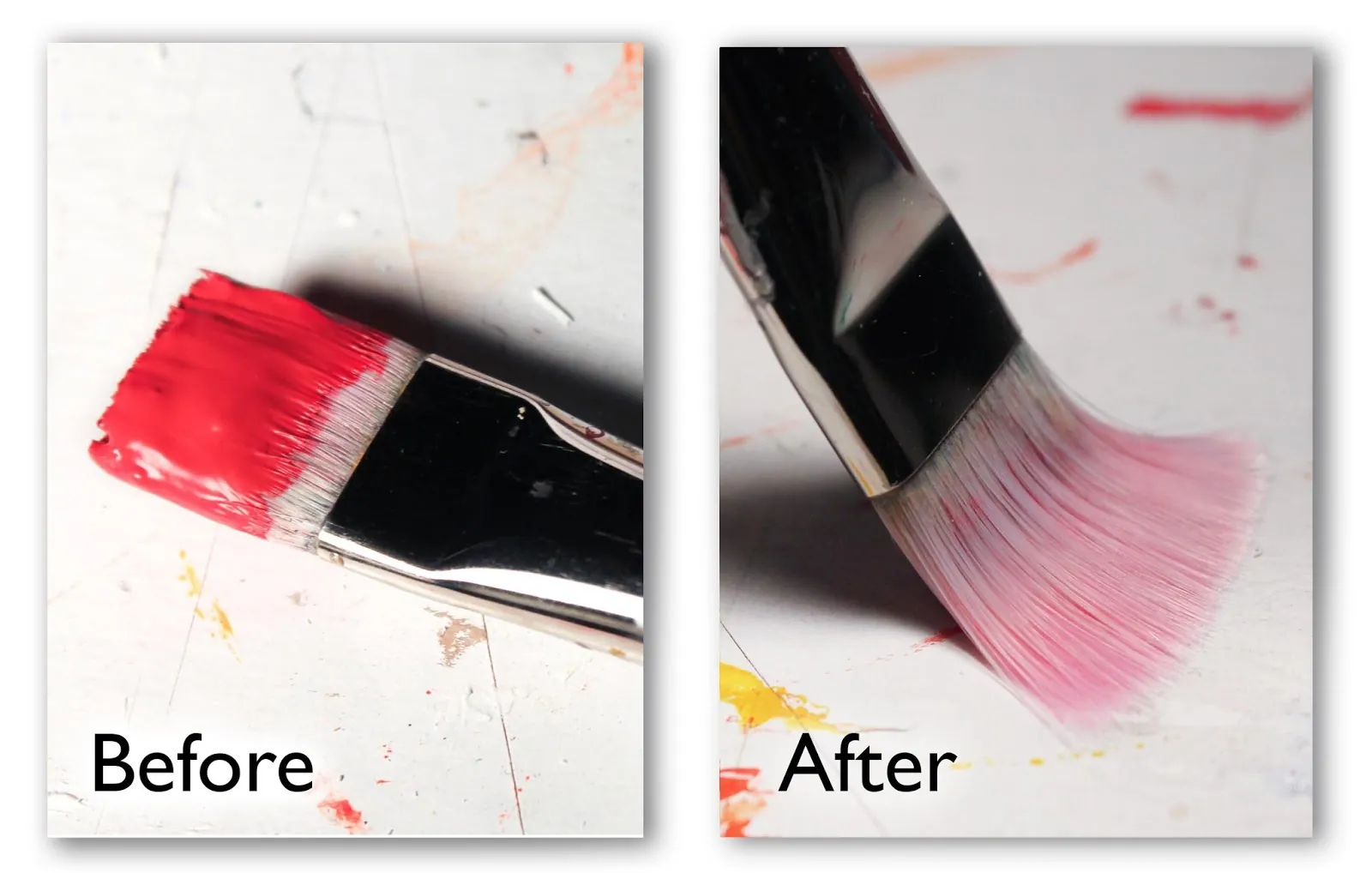 Essential supplies like soap and water used for cleaning acrylic paint brushes.