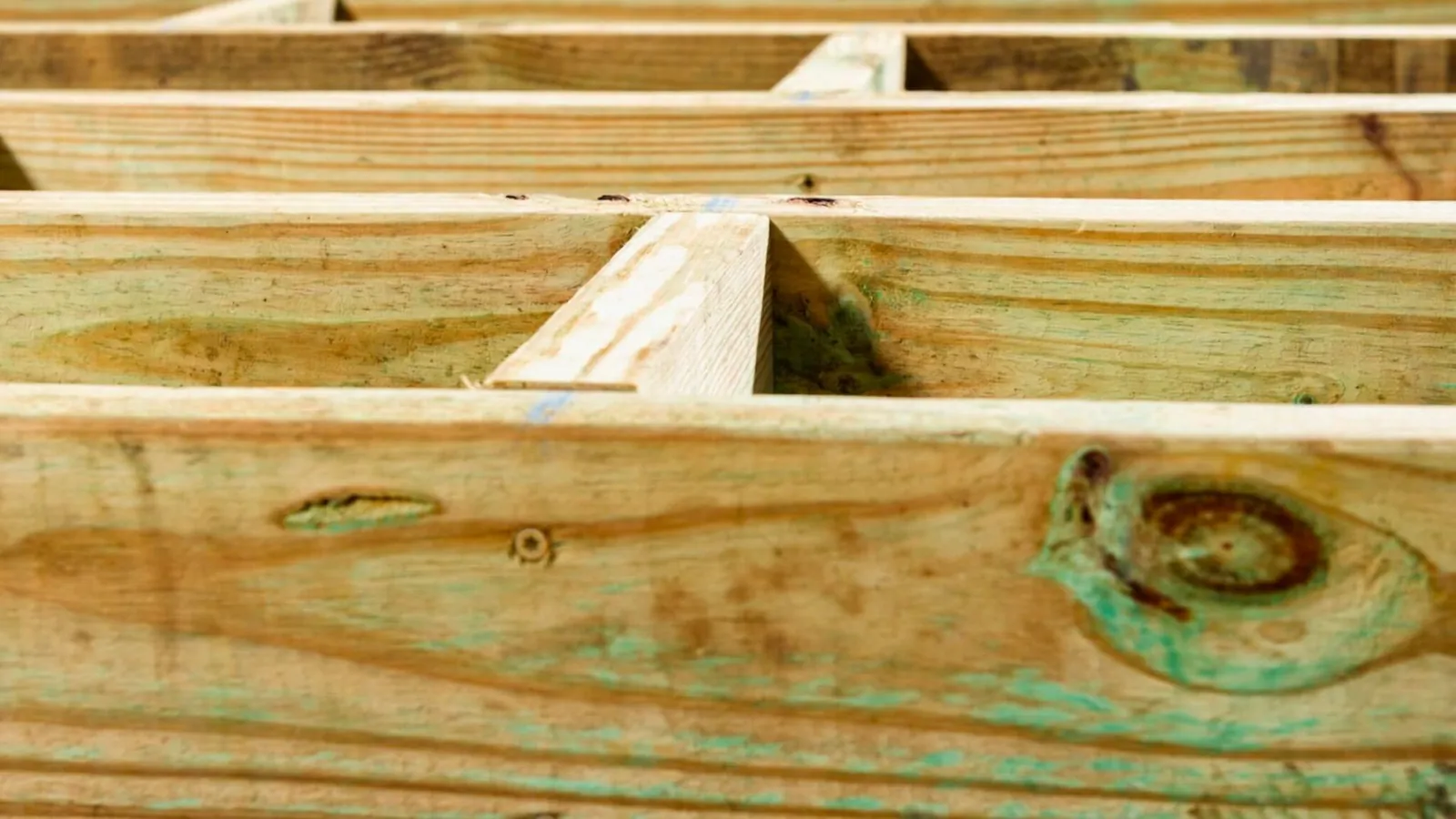 Gloves scrubbing a wooden deck to remove green mold and algae stains.