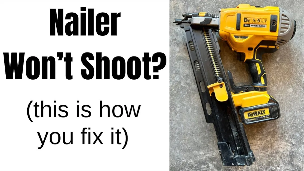 A homeowner inspects a malfunctioning nail gun in a bright workshop.