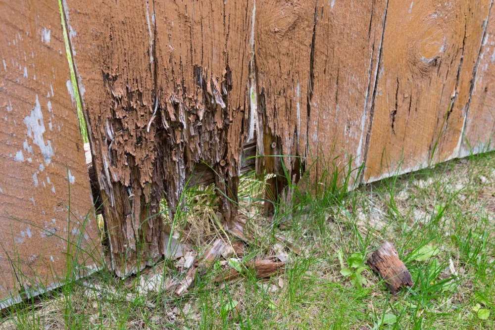 A moisture meter measuring high humidity levels in damp, decaying structural wood.