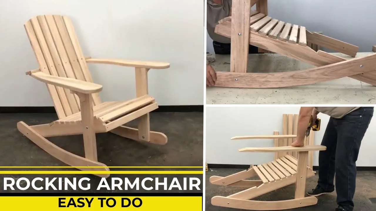 A person performing maintenance inspection on the joints of a wooden rocking chair.