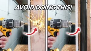 A power drill and pencil are used to mark a wood stud location.