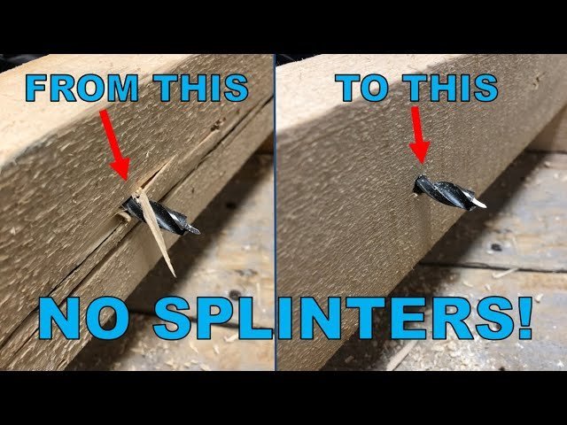 A sharp brad-point drill bit positioned to drill a hole in wood without splintering.