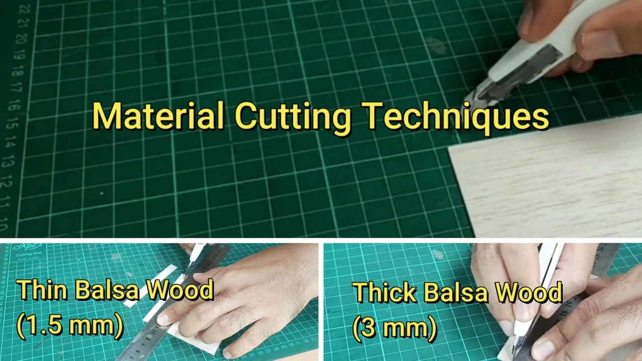 A sharp hobby knife blade pressed against a steel ruler on balsa wood.