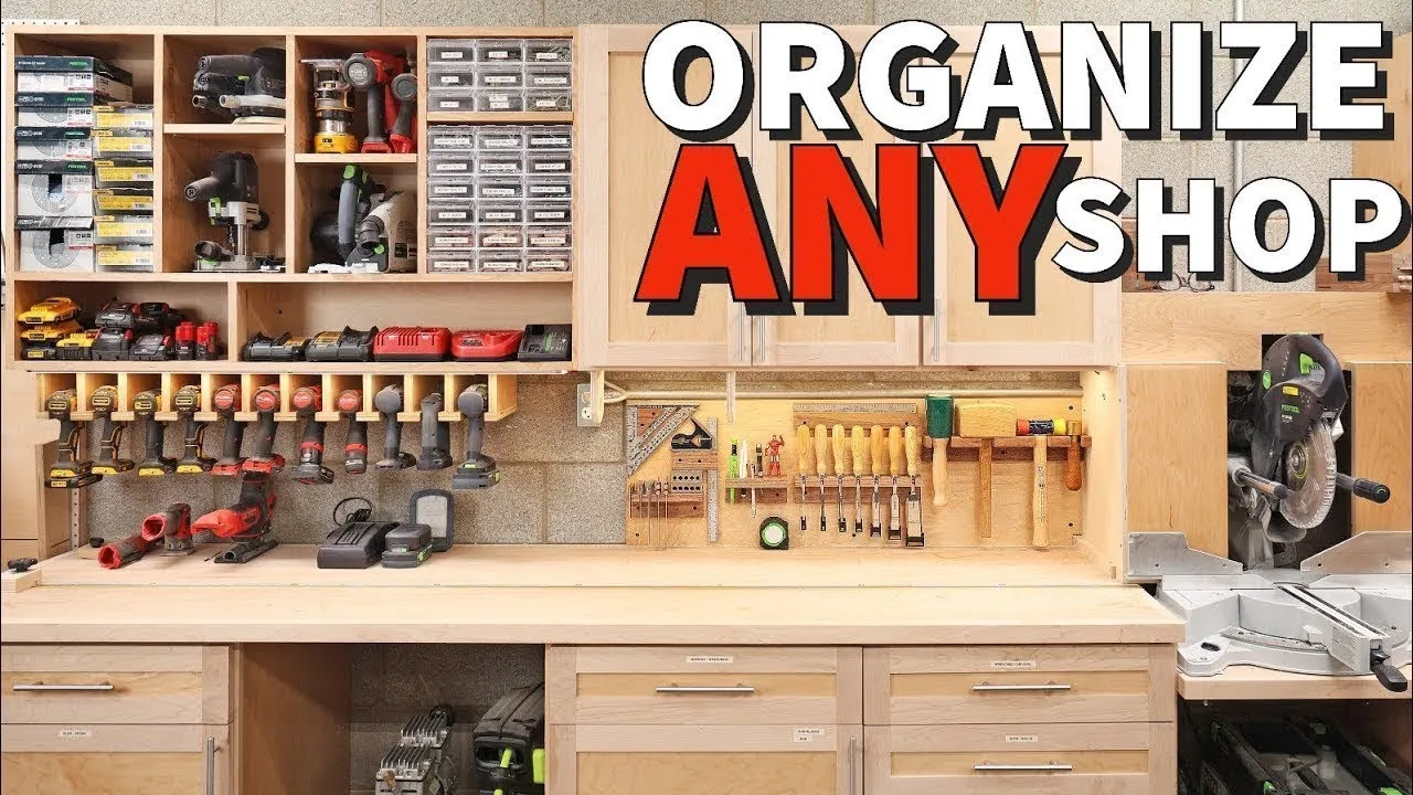A spacious woodworking shop layout designed to accommodate large sheets of plywood.
