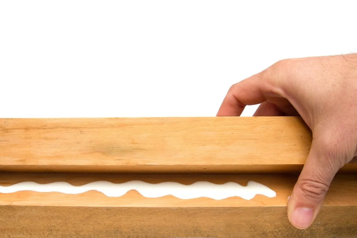 Two pieces of wood clamped together showing a strong glue bond.